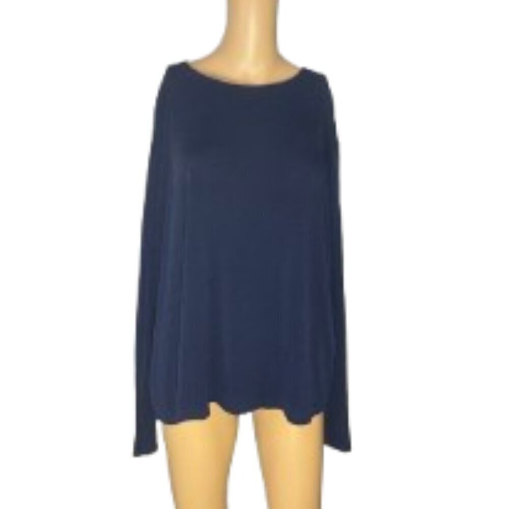 Eileen Fisher Woman Silk Navy Long Sleeve Crew Neck Top Size Small